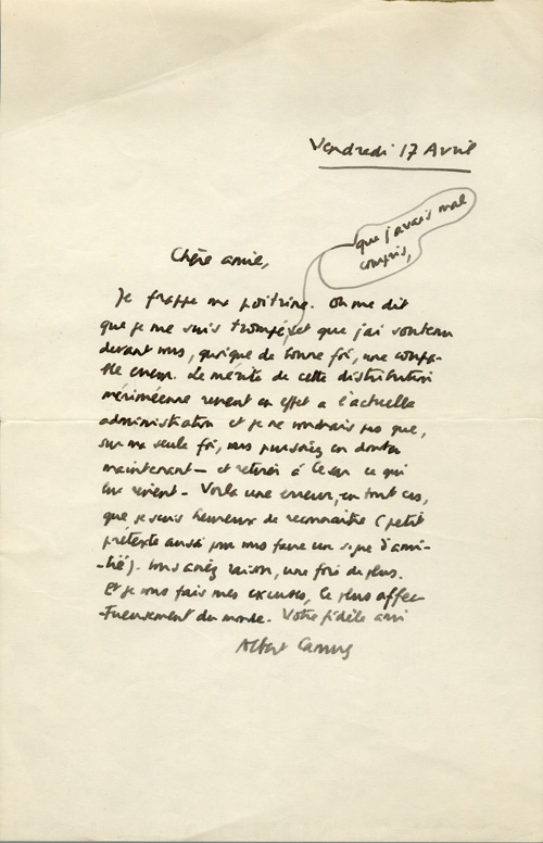 vendredi 17 avril 1953  Albert Camus à Béatrix Dussane.