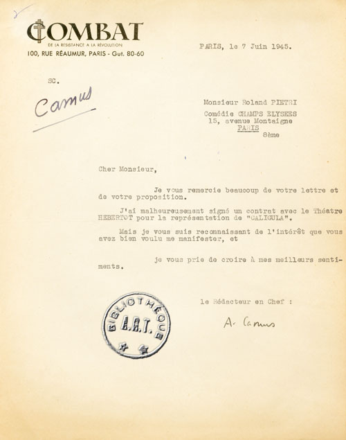 Lettre d'Albert Camus du 7 juin 1945 adressée à Roland Pietri à la Comédie des Champs-Elysées.